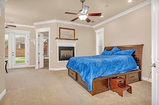 bedroom with access to exterior, ceiling fan, light colored carpet, and ornamental molding