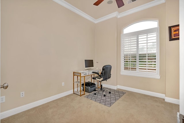 carpeted home office with ceiling fan and crown molding