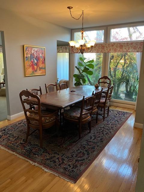 dining space with a chandelier and hardwood / wood-style flooring