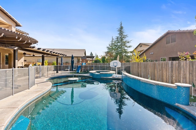 view of swimming pool with a fenced backyard, a pool with connected hot tub, and a patio