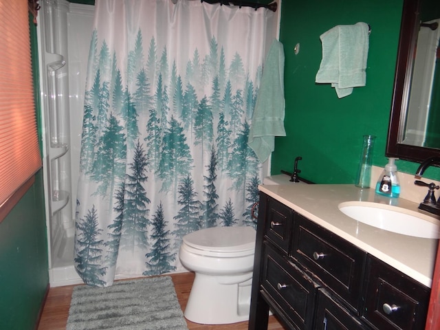 bathroom with vanity, curtained shower, toilet, and wood-type flooring