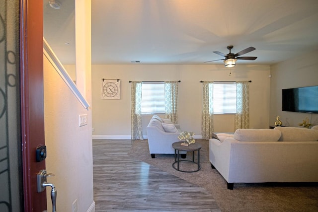 living room with ceiling fan and wood-type flooring