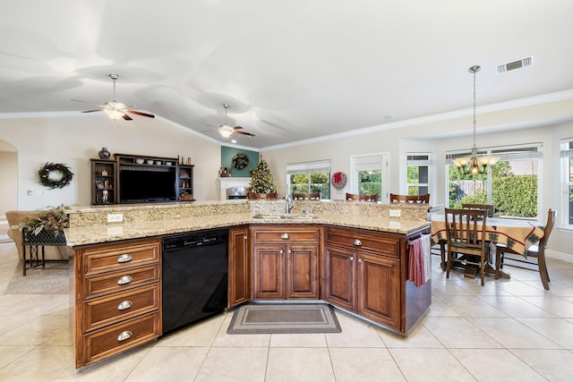 kitchen with an island with sink, dishwasher, light stone countertops, pendant lighting, and sink