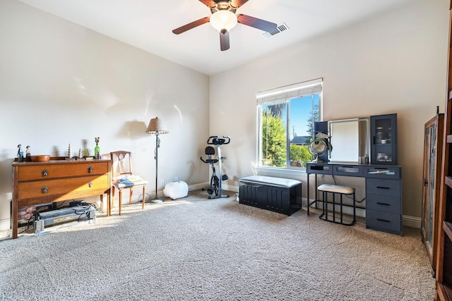 miscellaneous room featuring carpet floors and ceiling fan