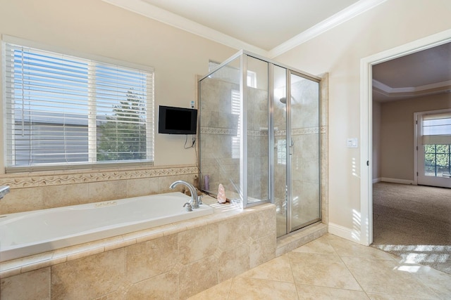 bathroom with tile patterned flooring, independent shower and bath, and crown molding