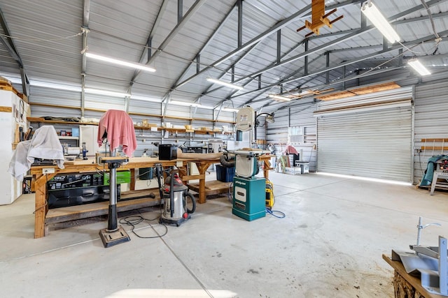 garage with a workshop area