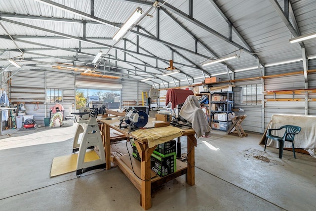 garage with a workshop area