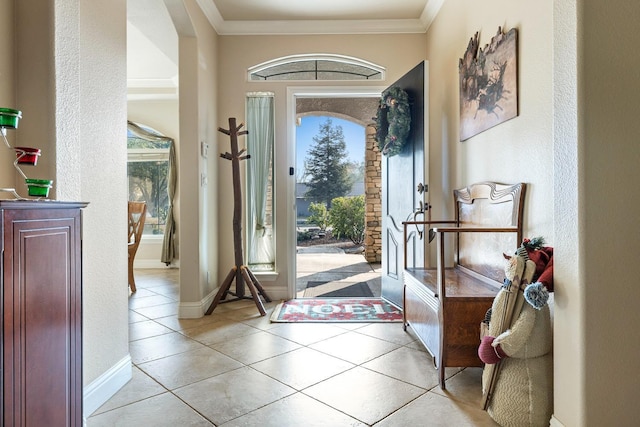 tiled entryway with crown molding