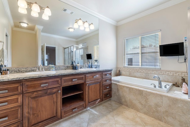 bathroom featuring crown molding, tile patterned floors, separate shower and tub, and vanity