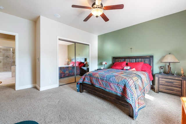 bedroom featuring ceiling fan, carpet flooring, and a closet