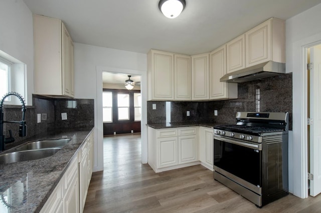 kitchen featuring backsplash, ventilation hood, sink, and stainless steel stove