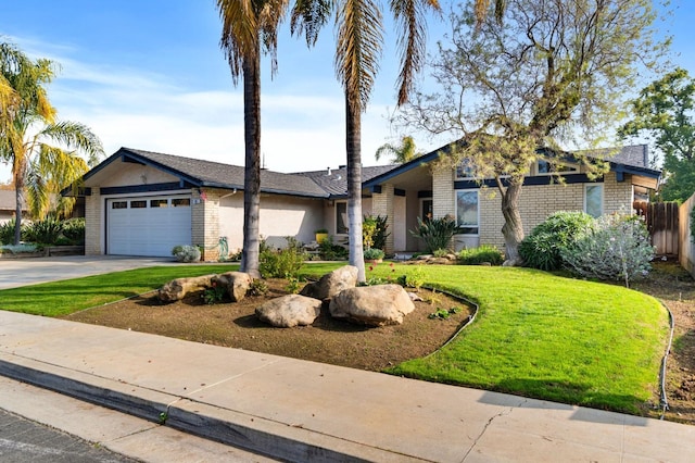 ranch-style home with a front yard and a garage