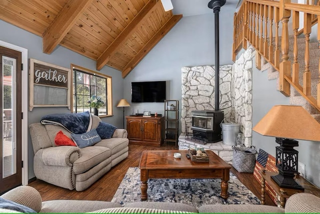 living room featuring a wood stove, high vaulted ceiling, beamed ceiling, wood-type flooring, and wood ceiling