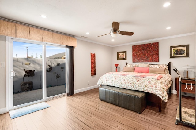 bedroom with access to outside, ceiling fan, light hardwood / wood-style flooring, and crown molding