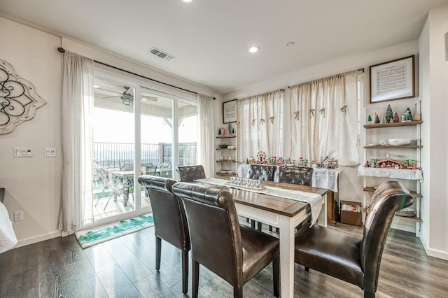 dining area with recessed lighting, baseboards, visible vents, and wood finished floors