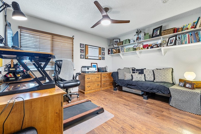 office featuring ceiling fan, light hardwood / wood-style floors, and a textured ceiling