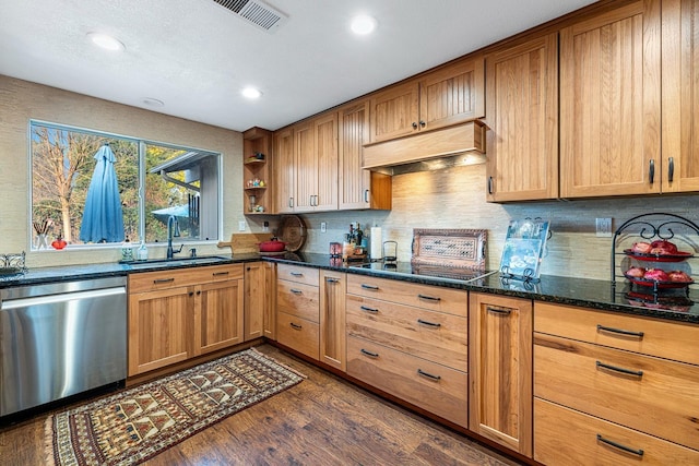 kitchen featuring premium range hood, sink, dark stone countertops, appliances with stainless steel finishes, and dark hardwood / wood-style flooring