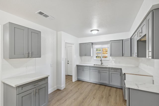 4756 E Woodward Ave, Fresno, CA 93702 - kitchen with light wood-type flooring, gray cabinets, visible vents, decorative backsplash, and light stone counters