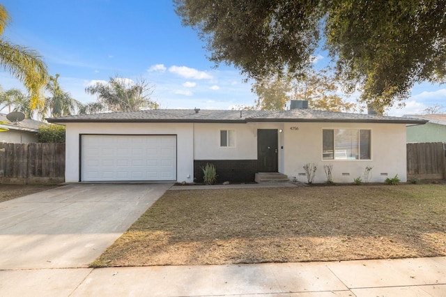 single story home with fence, concrete driveway, stucco siding, a garage, and crawl space