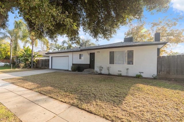 ranch-style home with a front lawn, stucco siding, a garage, crawl space, and driveway