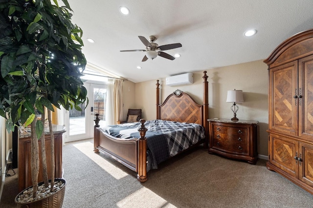 5870 E Midwick Ln, Fresno, CA 93727 - bedroom featuring a wall mounted AC, light colored carpet, access to exterior, vaulted ceiling, and recessed lighting
