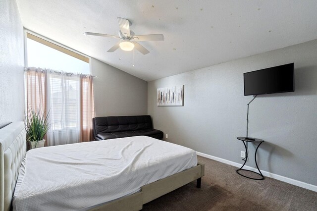 5870 E Midwick Ln, Fresno, CA 93727 - bedroom featuring vaulted ceiling, carpet flooring, baseboards, and ceiling fan