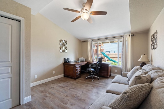 5870 E Midwick Ln, Fresno, CA 93727 - office space with a ceiling fan, wood finished floors, and baseboards