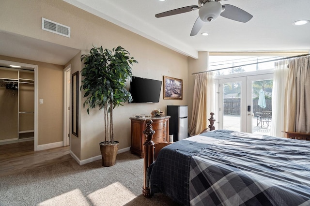 5870 E Midwick Ln, Fresno, CA 93727 - bedroom featuring french doors, access to outside, baseboards, light carpet, and recessed lighting