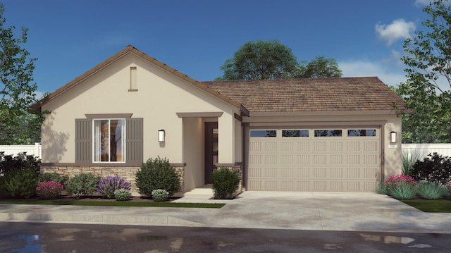 view of front of property featuring stone siding, an attached garage, driveway, and stucco siding