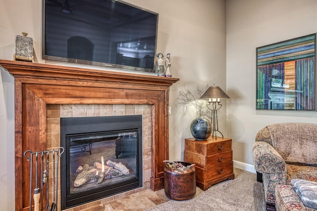 interior space with carpet flooring and a fireplace