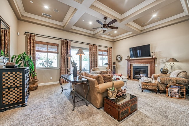 living room featuring carpet, crown molding, and coffered ceiling