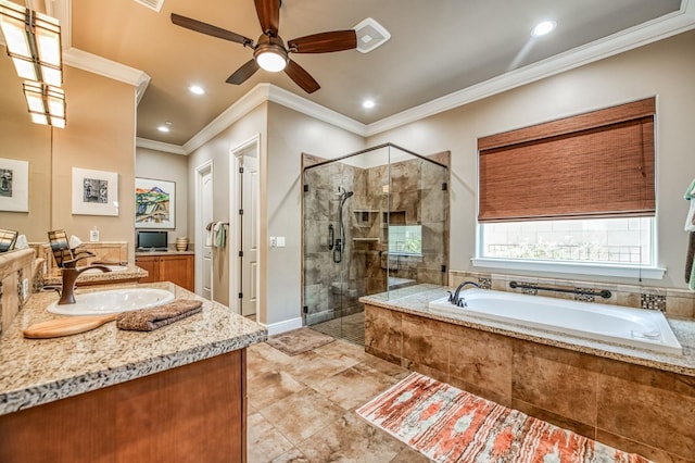 bathroom with vanity, independent shower and bath, ceiling fan, and crown molding