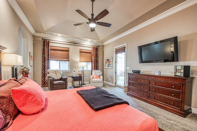 bedroom featuring access to outside, a raised ceiling, carpet flooring, ceiling fan, and multiple windows