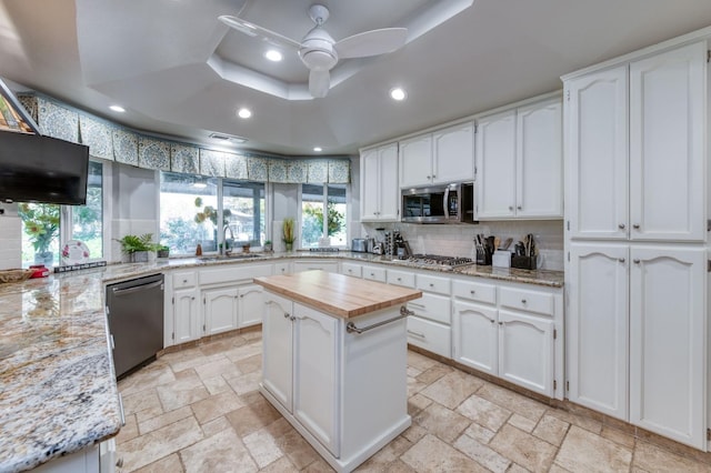 kitchen with white cabinets, a raised ceiling, sink, appliances with stainless steel finishes, and a kitchen island