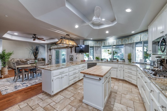 kitchen featuring a tray ceiling, white cabinets, a kitchen island, and stainless steel appliances