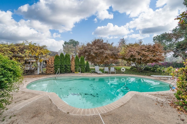 view of swimming pool with a diving board and a patio area