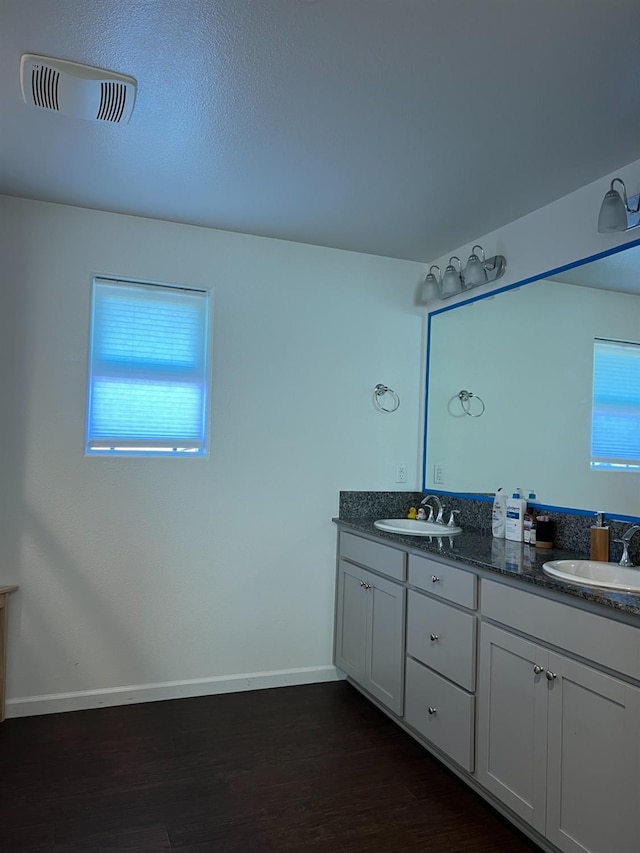 bathroom with a wealth of natural light, hardwood / wood-style floors, and vanity