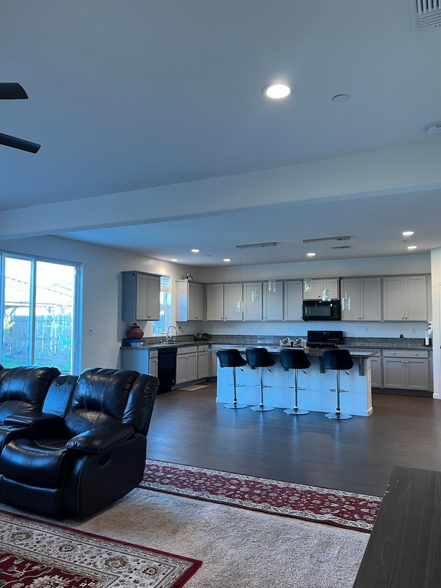 living room featuring sink and dark hardwood / wood-style floors