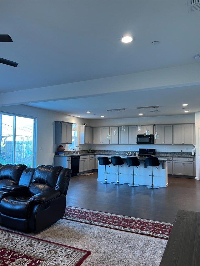 living room featuring dark hardwood / wood-style flooring and sink