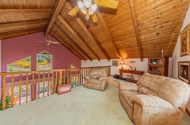 50365 Spook Ln, Oakhurst, CA 93644 - living area with visible vents, ceiling fan, carpet flooring, and wood ceiling