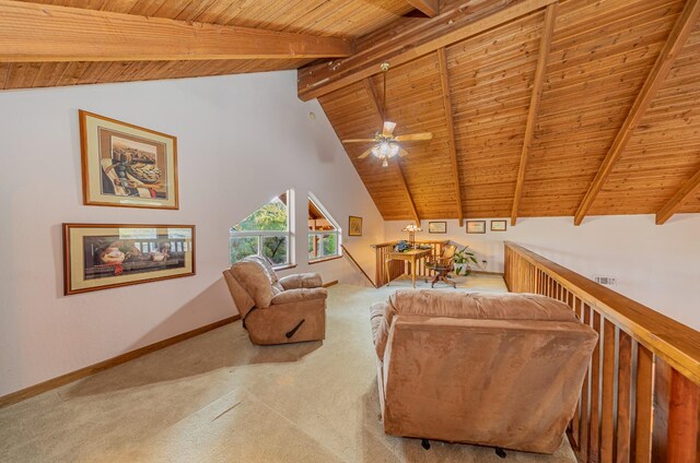 50365 Spook Ln, Oakhurst, CA 93644 - living room with wooden ceiling, carpet flooring, a ceiling fan, baseboards, and beamed ceiling