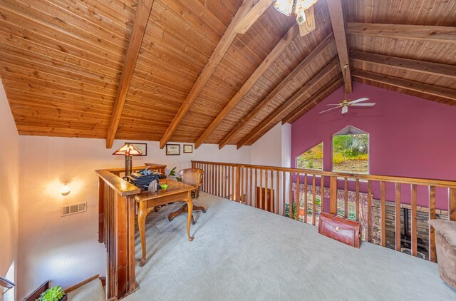 50365 Spook Ln, Oakhurst, CA 93644 - carpeted office space featuring wooden ceiling, vaulted ceiling with beams, ceiling fan, and visible vents