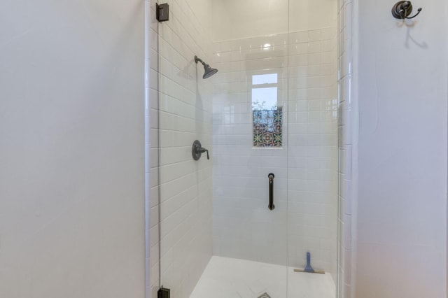 bathroom with a shower with shower door