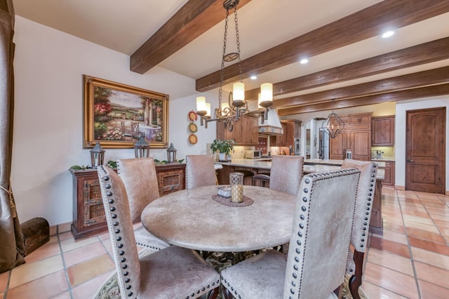 dining room with beamed ceiling, a notable chandelier, and light tile patterned flooring