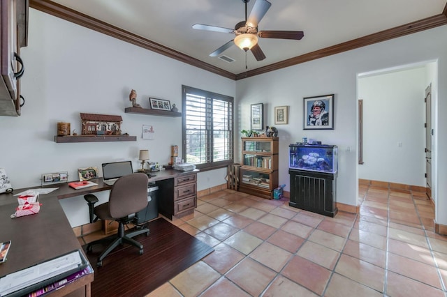 home office with ceiling fan, ornamental molding, and light tile patterned floors