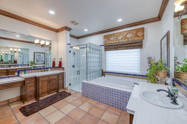 bathroom with tile patterned floors, vanity, separate shower and tub, and ornamental molding