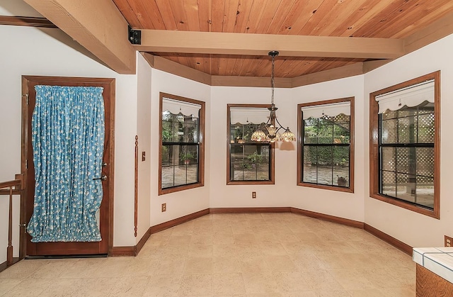 unfurnished dining area with wood ceiling, beam ceiling, and baseboards
