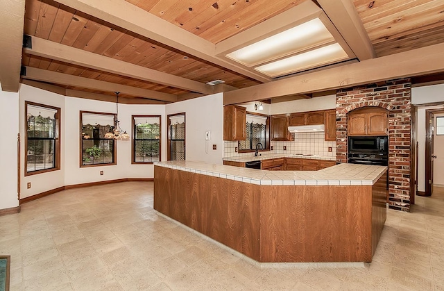 kitchen featuring sink, wooden ceiling, tasteful backsplash, kitchen peninsula, and black appliances