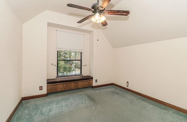 bonus room with carpet flooring, ceiling fan, and lofted ceiling