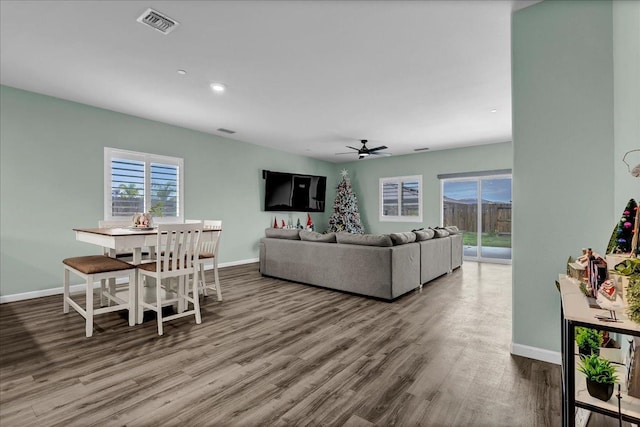 living room with hardwood / wood-style flooring and ceiling fan